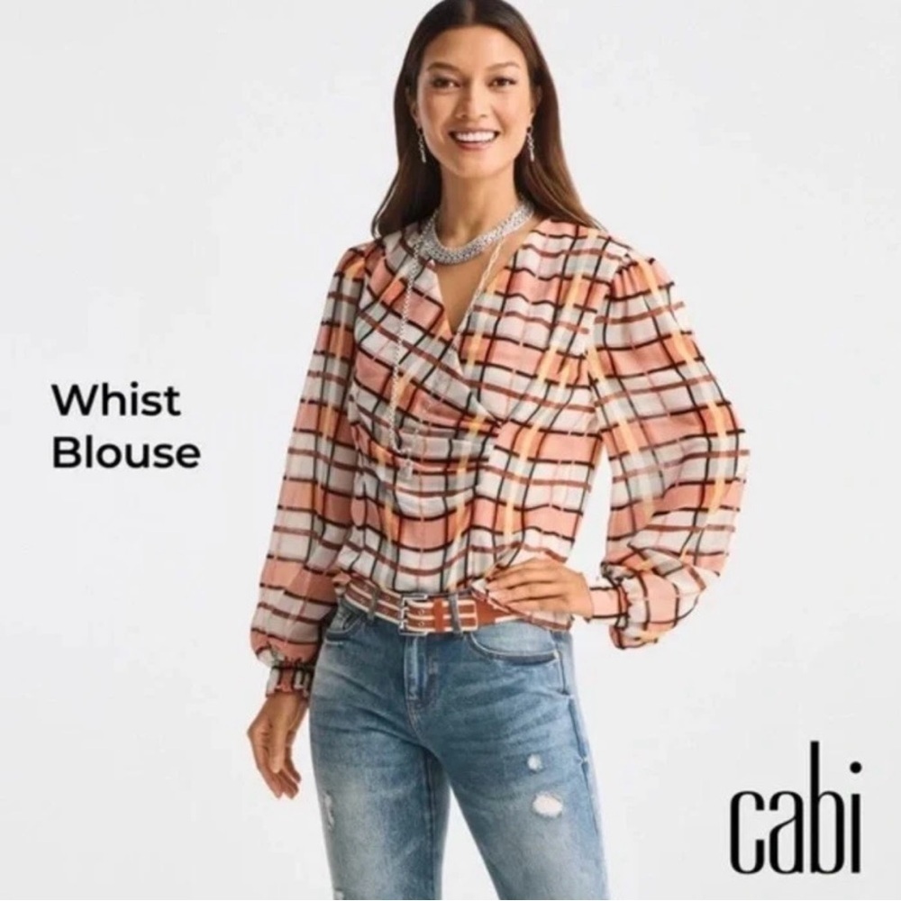 Cabi Whist Blouse Size L Peach Orange Plaid Draped Neck Long Sleeve Top